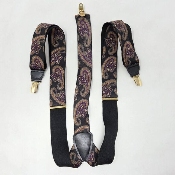 VTG CAS WEST GERMANY PAISLEY BLACK LEATHER GOLD STRETCH ADJUSTABLE SUSPENDERS - Picture 1 of 6